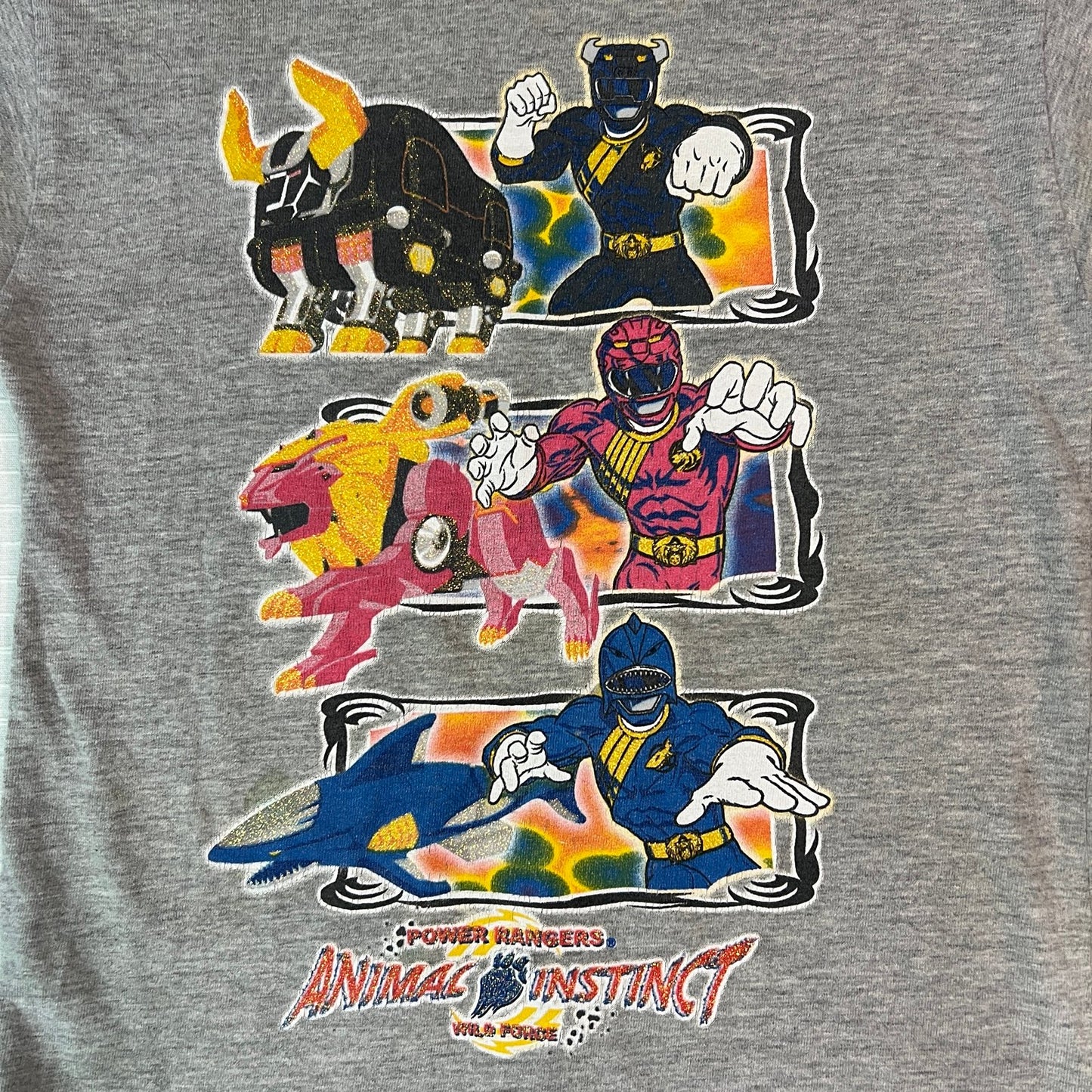 Vintage Power Rangers Animal Instinct Wild Force Kids Shirt Medium Gray Y2K