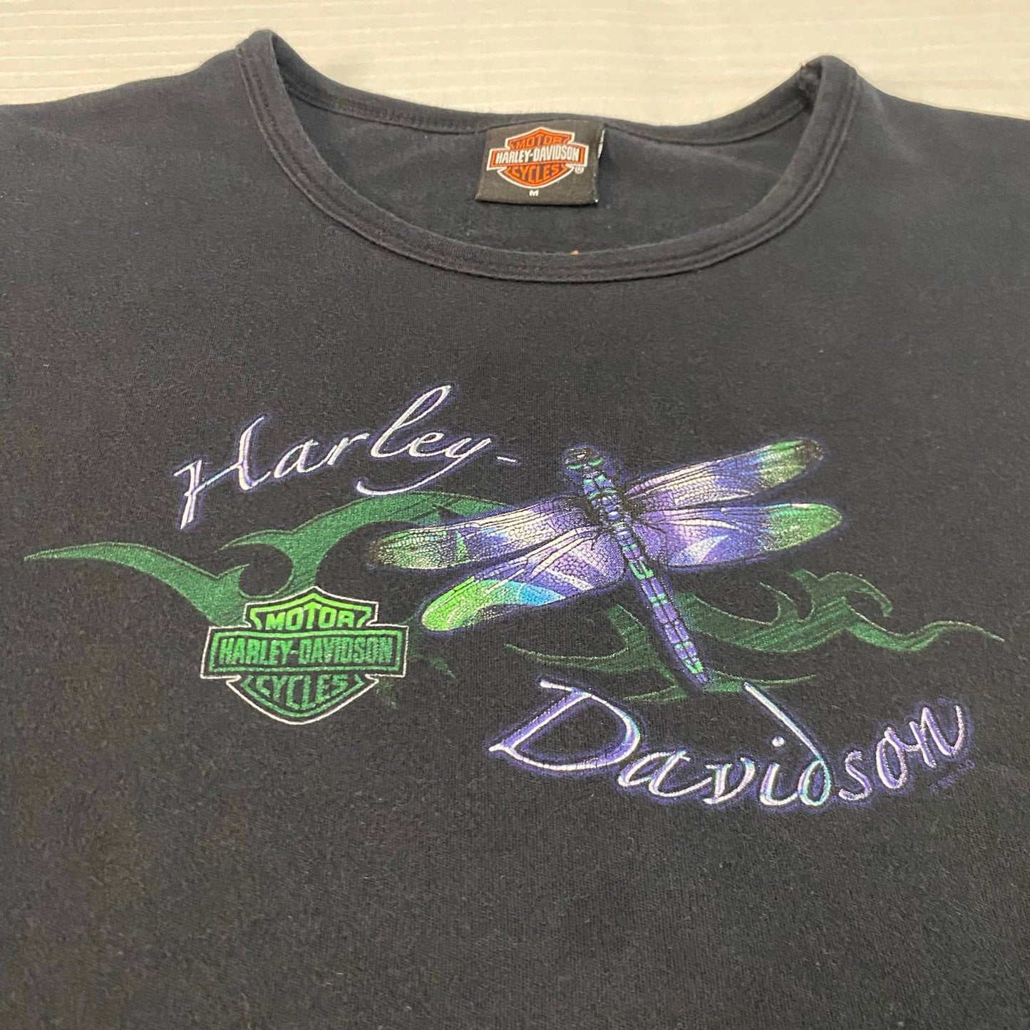 Harley Davidson Shirt Womans Medium Black Short Sleeve Manteno Y2K