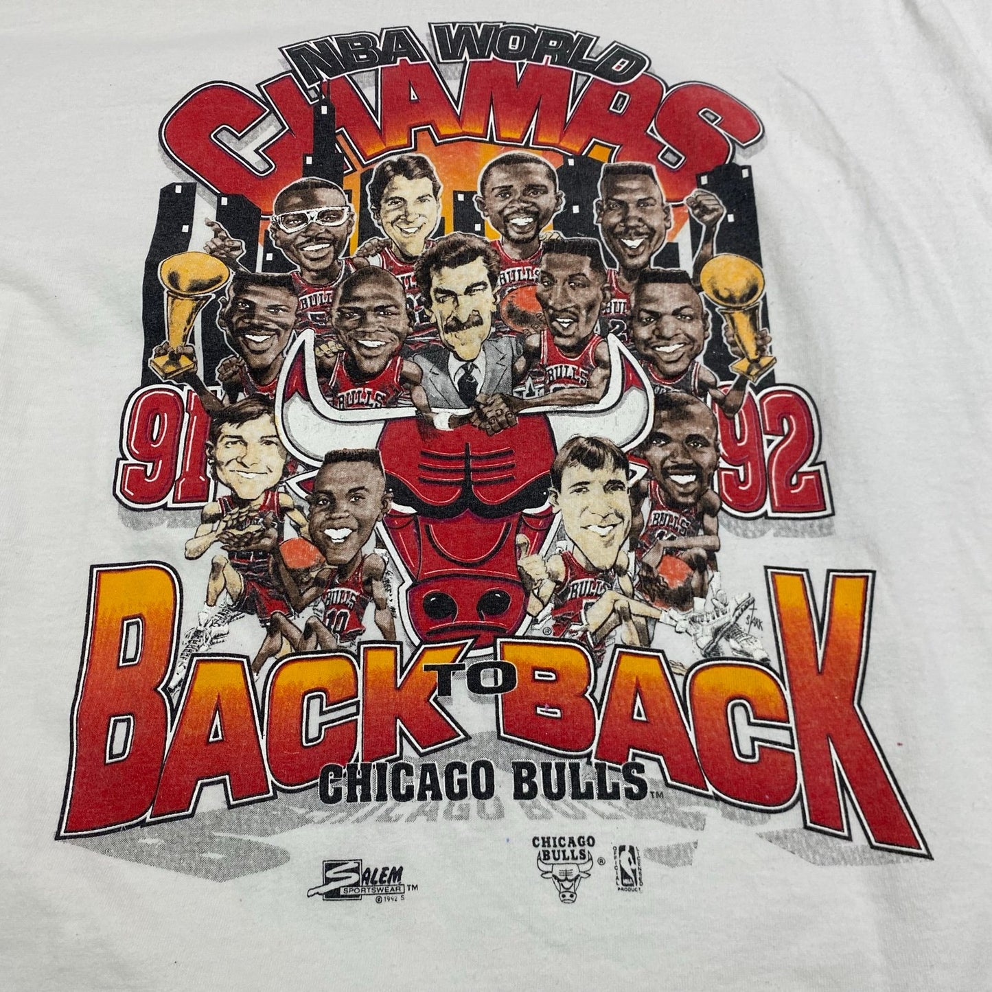 Vintage 1992 Chicago Bulls Caricature Shirt Mens Large Short Sleeve White NBA