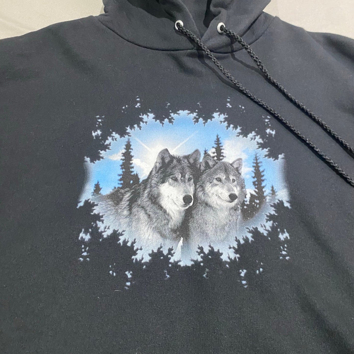 Vintage 90s Wolf Sweatshirt Hoodie Animal Mens Large Nature Pullover Black