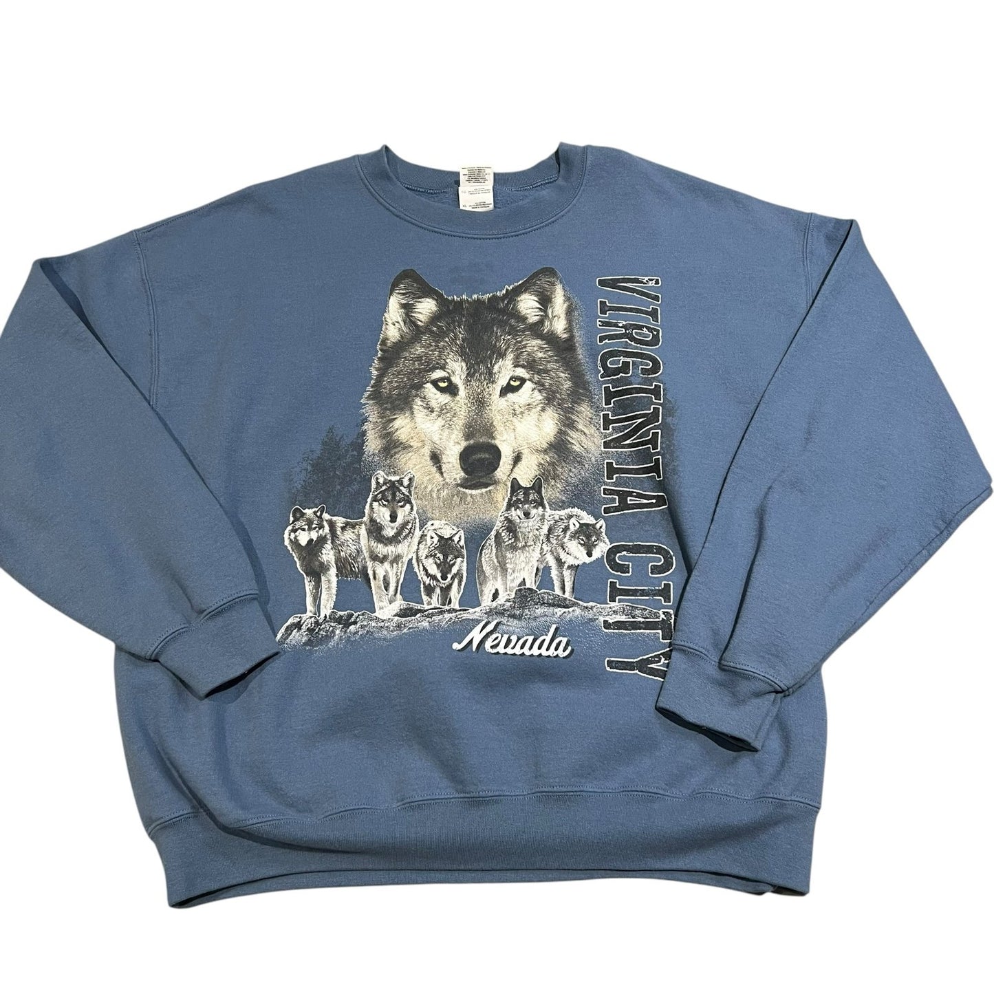 Vintage Wolf Sweater Mens XL Blue Virginia City Nevada Animal Nature