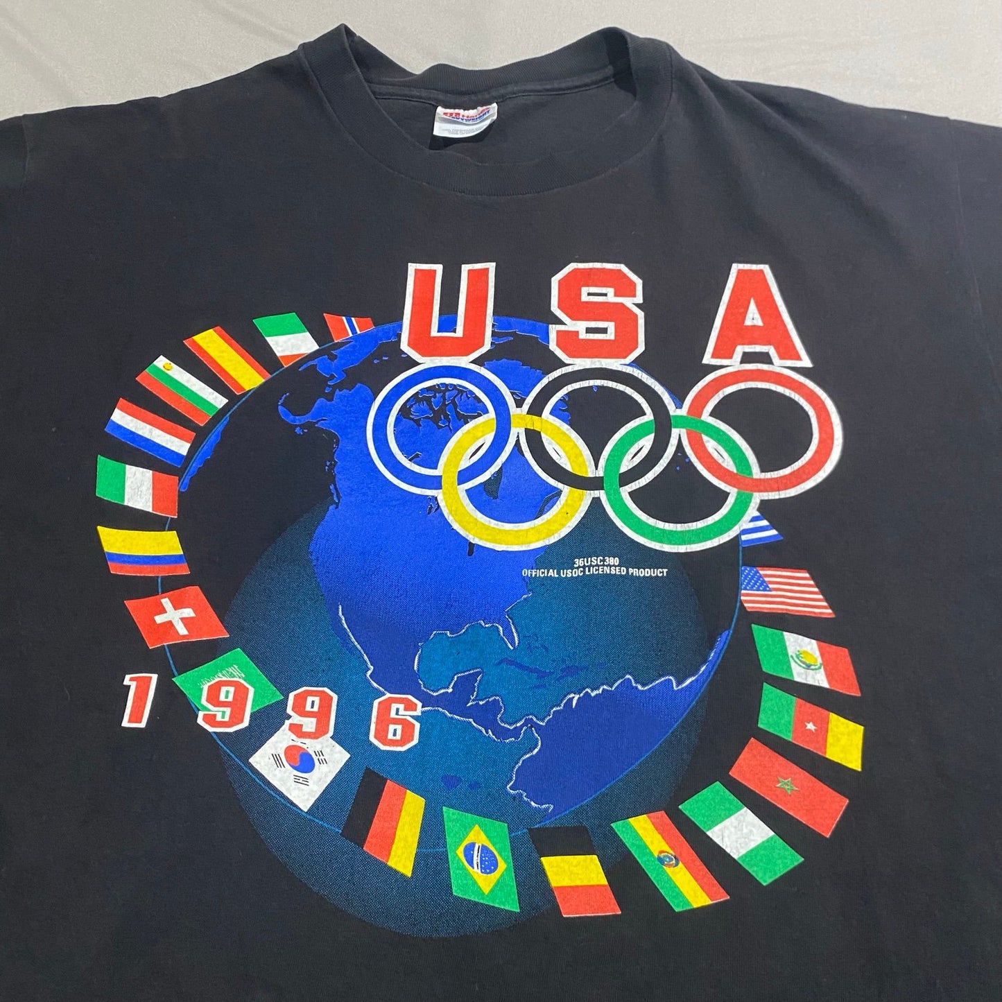 Vintage 1996 Summer Olympic Shirt Mens XL Black Short Sleeve Flags