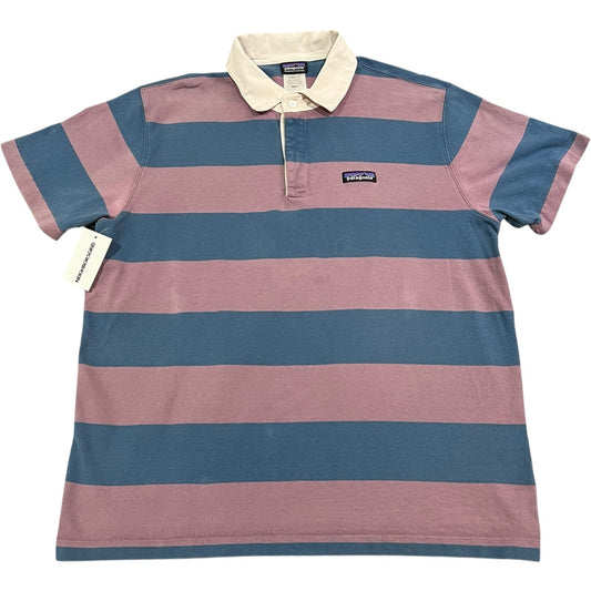Patagonia Rugby Polo Shirt Mens Large Blue Pink Short Sleeve Stripped