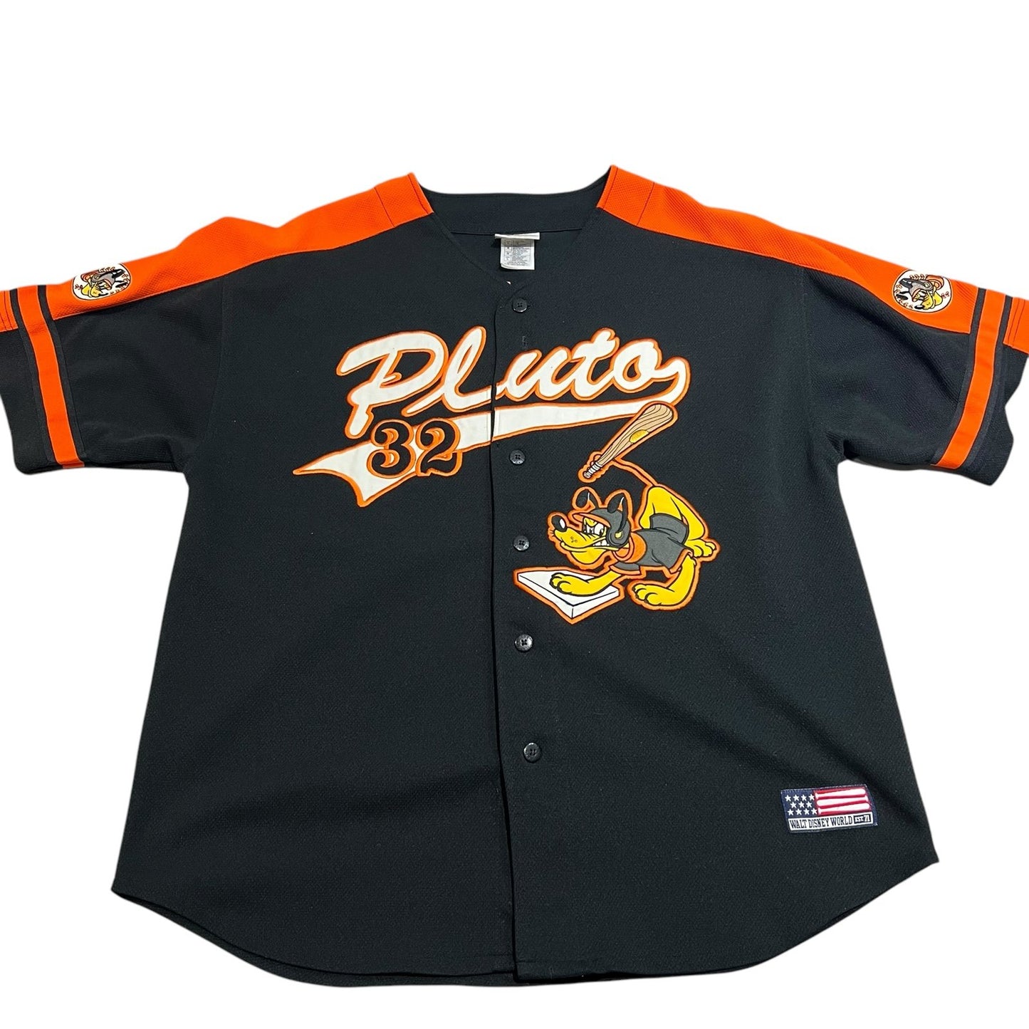 Vintage Pluto Baseball Jersey Mens Large Disney #32 Embroidered Black Orange