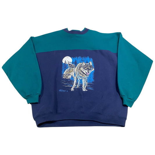 Vintage 90's Wolf Crewneck Sweater Mens XL Color Block Blue Nature Animal