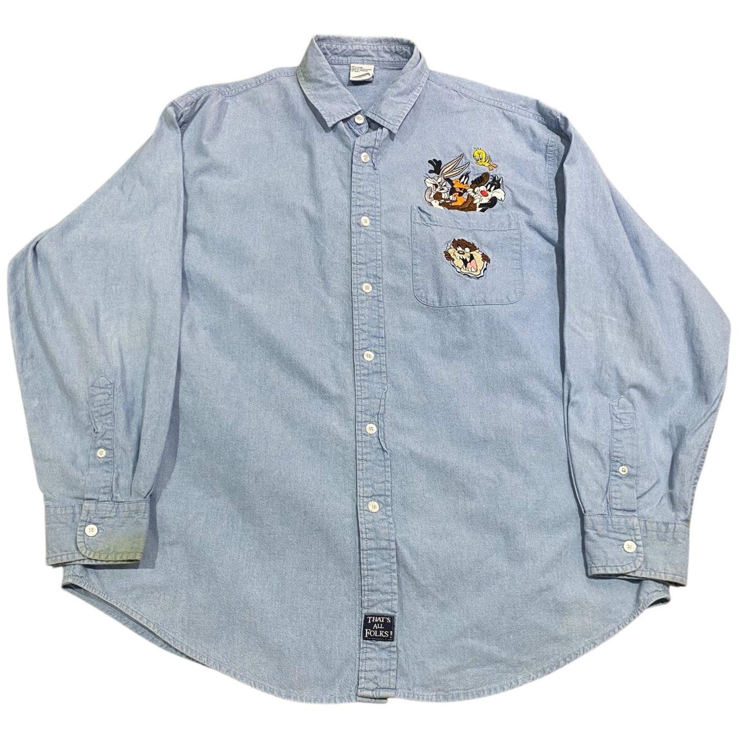 Vintage Looney Tunes Warner Bros Button Up Long Sleeve Mens Large Embroidered