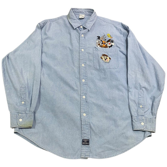 Vintage Looney Tunes Warner Bros Button Up Long Sleeve Mens Large Embroidered