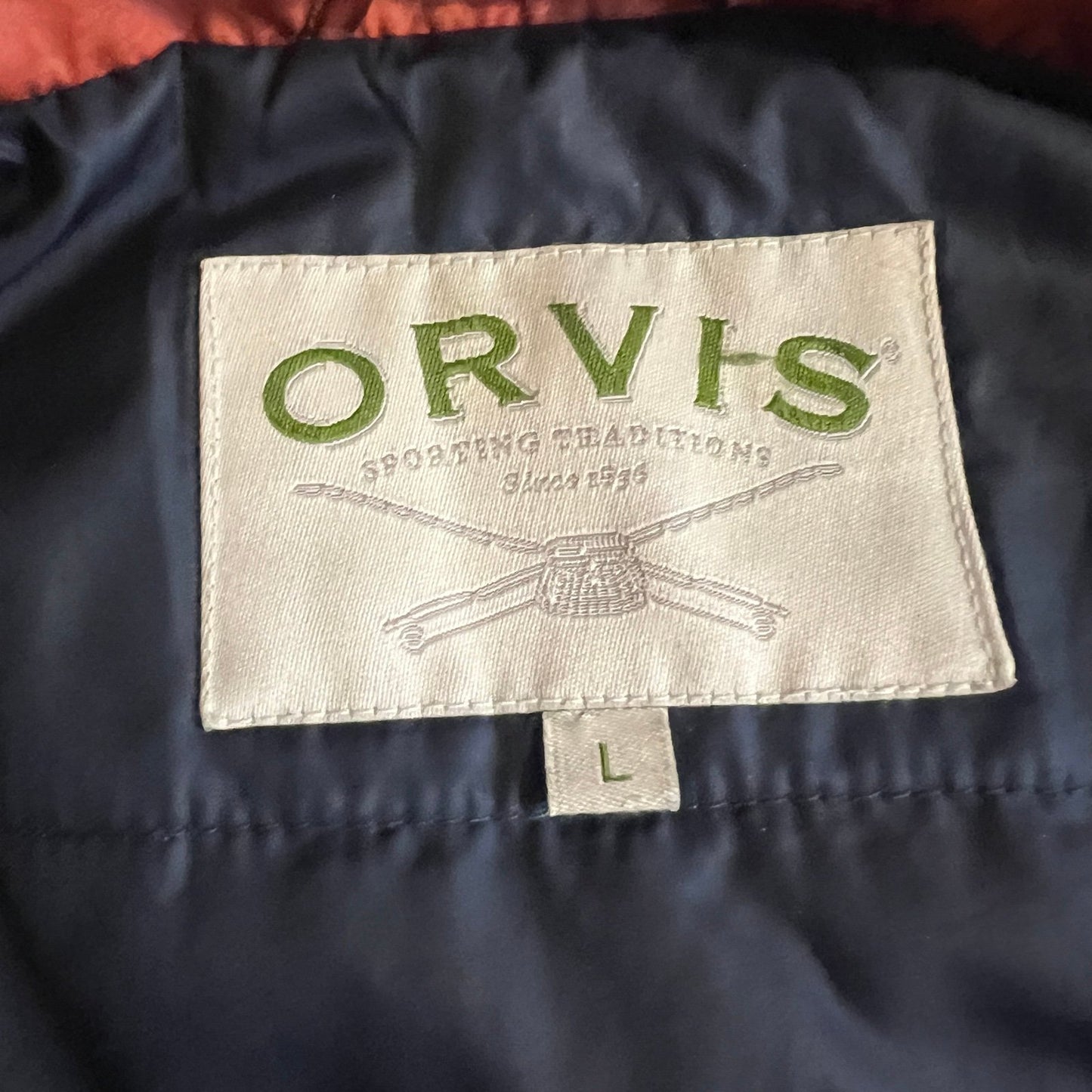 ORVIS Vest Primaloft Jacket Mens Large Orange Outdoors Full Zip Insulated Coat