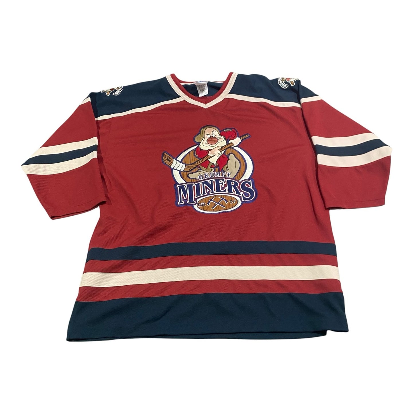 Grumpy Miners Hockey Jersey Mens Large Disney #37 Stitch Sewn Red Blue Dwarfs