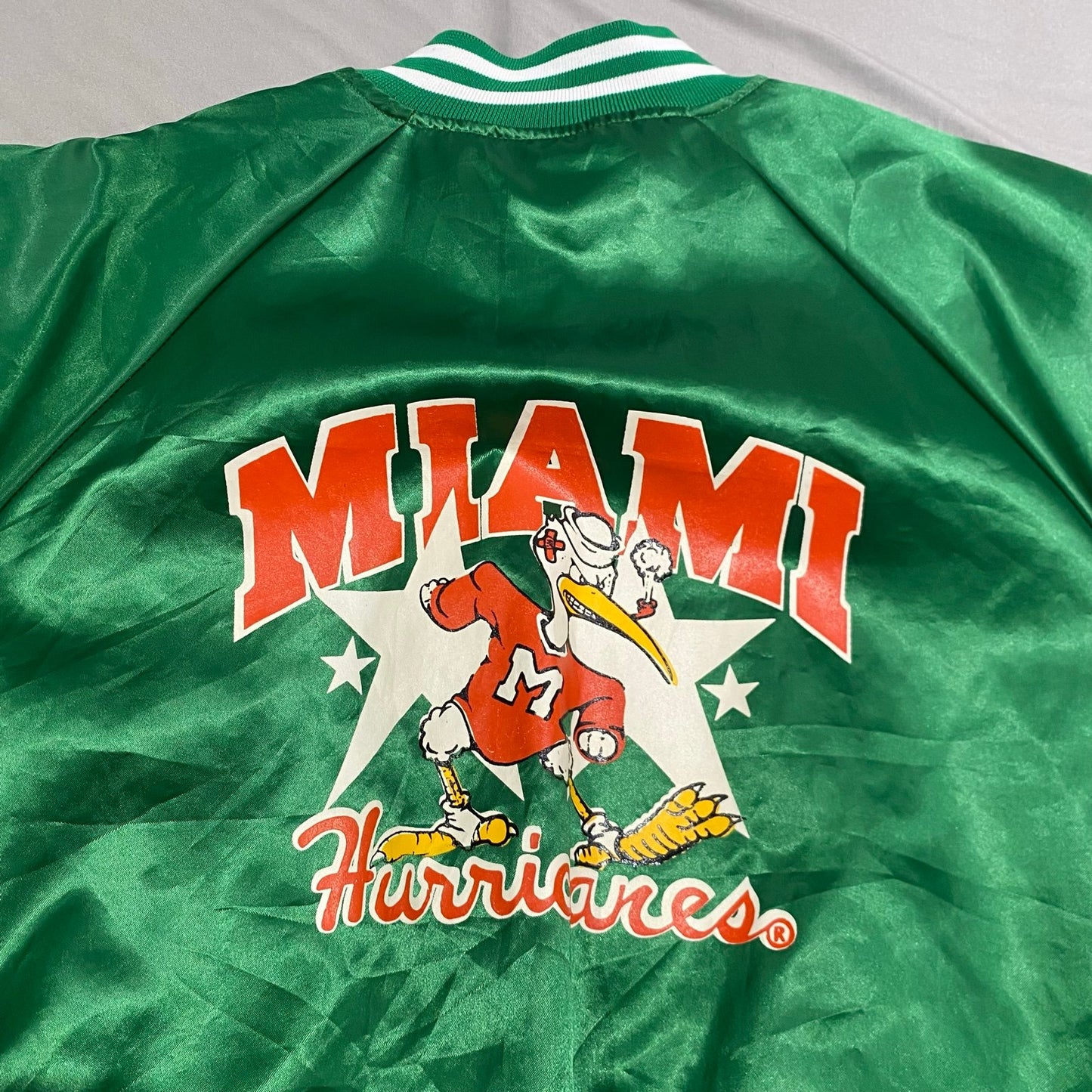 Vintage 80's Miami Hurricanes Jacket Mens XL Satin Varsity Coat Hartwell Green