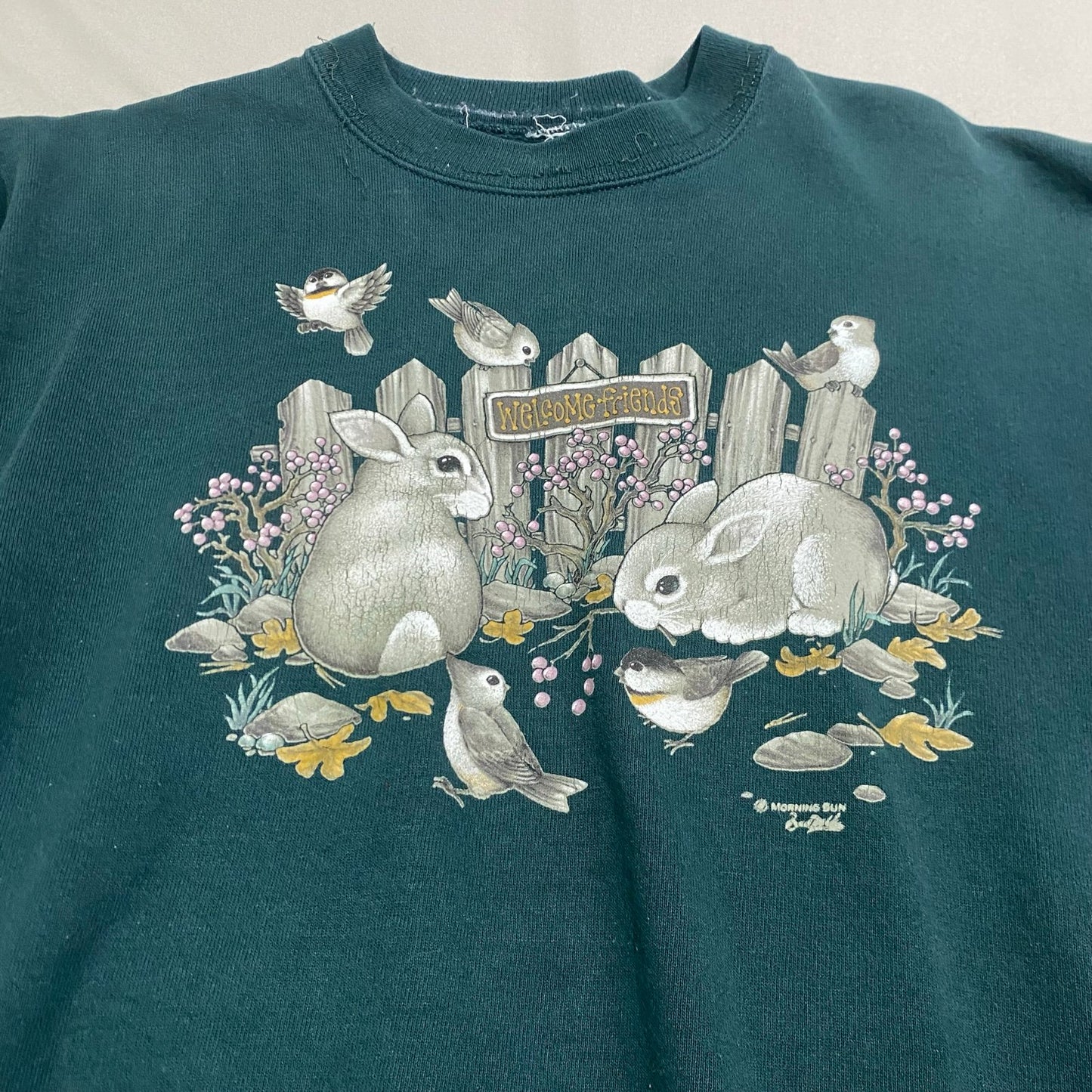 Vintage 90's Bunny Bird Sweater Womans XL Morning Sun Nature Animal Green